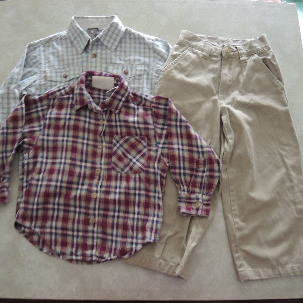 Bundle of 3 Pieces Boys' Clothing Khaki Pants, Flannel Shirt, Dress Shirt Size 4